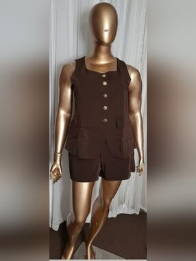 Sleeveless Dark Brown Button-Front Vest with Pocket Flap Detail,And Shorts